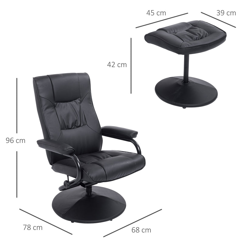 Leather Recliner and Ottoman Set, Modern Swivel Leisure Lounge Chair with Footstool, 145-¦ Adjustable Backrest and Thick Padding for Living Room, Dining Room, Bedroom, Office, Black Padded Cushion Back