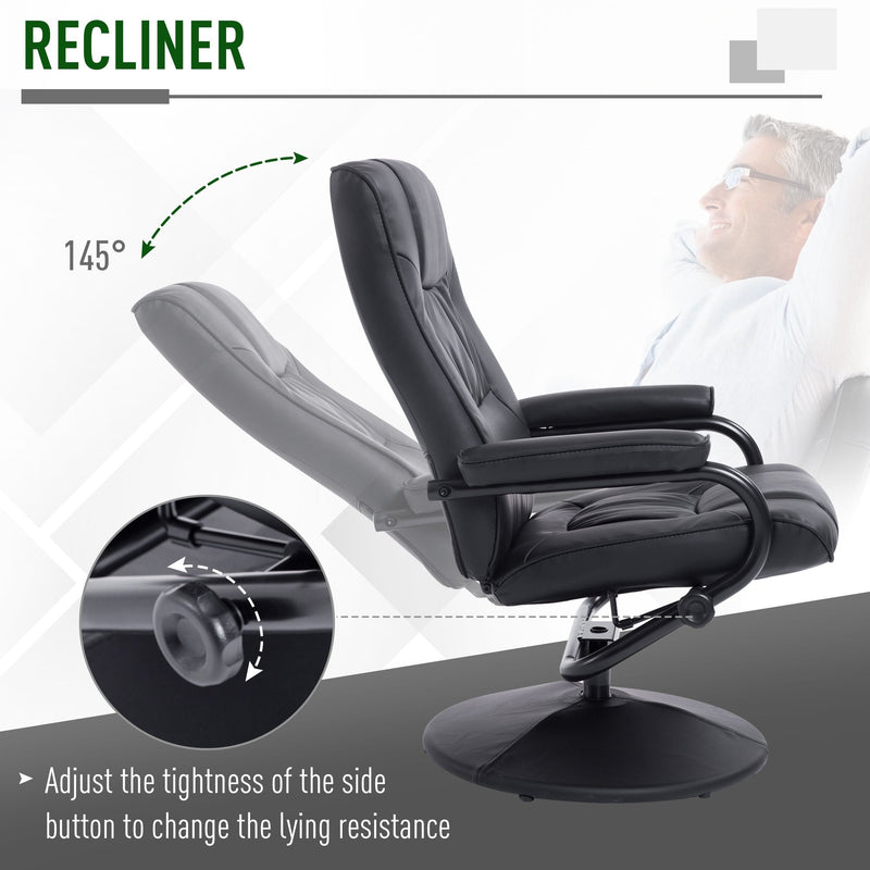 Leather Recliner and Ottoman Set, Modern Swivel Leisure Lounge Chair with Footstool, 145-¦ Adjustable Backrest and Thick Padding for Living Room, Dining Room, Bedroom, Office, Black Padded Cushion Back