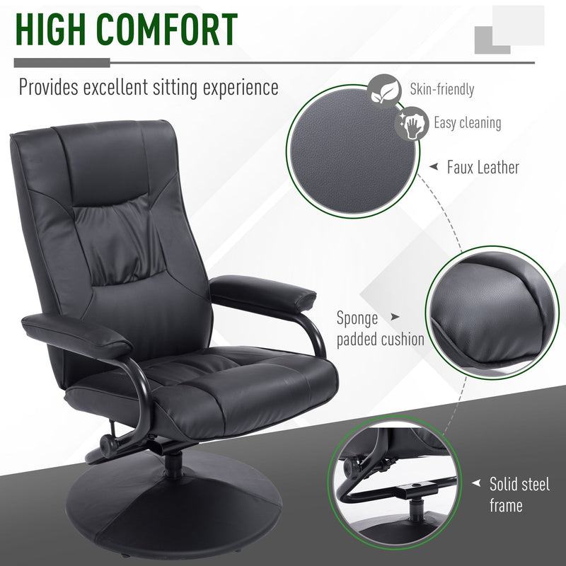 Leather Recliner and Ottoman Set, Modern Swivel Leisure Lounge Chair with Footstool, 145-¦ Adjustable Backrest and Thick Padding for Living Room, Dining Room, Bedroom, Office, Black Padded Cushion Back