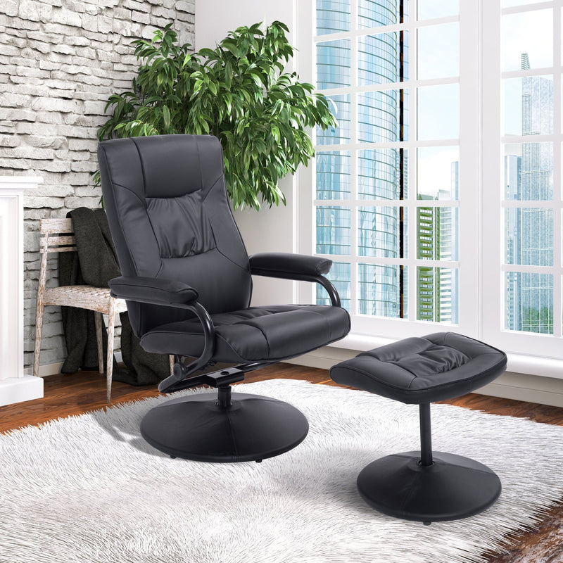 Leather Recliner and Ottoman Set, Modern Swivel Leisure Lounge Chair with Footstool, 145-¦ Adjustable Backrest and Thick Padding for Living Room, Dining Room, Bedroom, Office, Black Padded Cushion Back