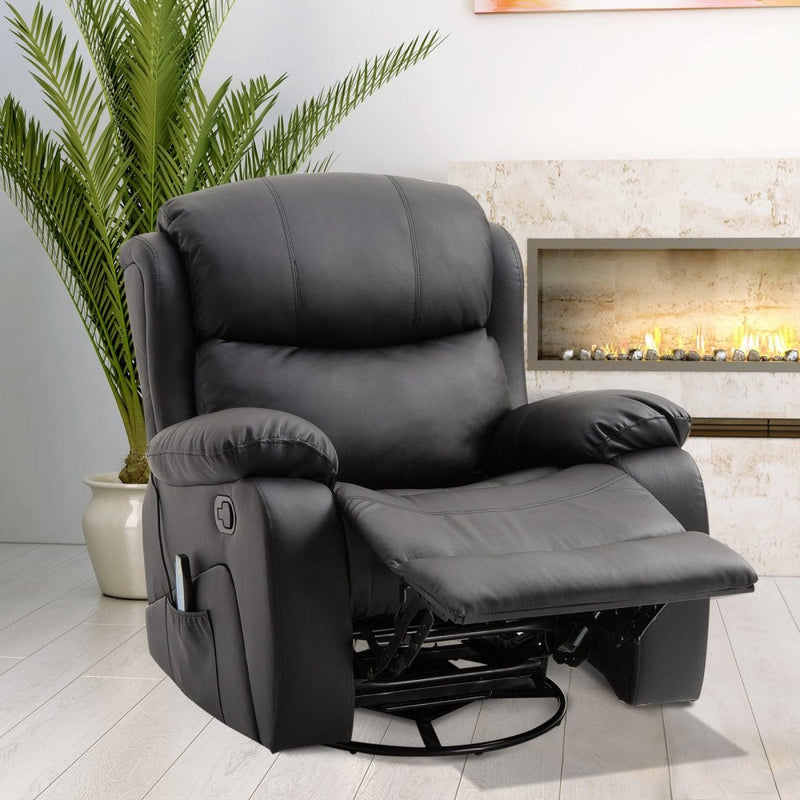PU Leather Recliner Massage Chair Swivel Heated Rocking Seat Armchair Rocker Footrest W/Remote Control Heating-Black