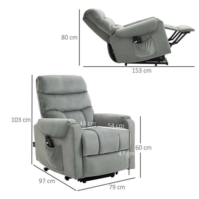 Electric Power Lift Recliner Vibration Massage Velvet-Touch Upholstered Lounge Chair Sofa with Remote Control & Side Pocket for Home Theater, Grey Velvet