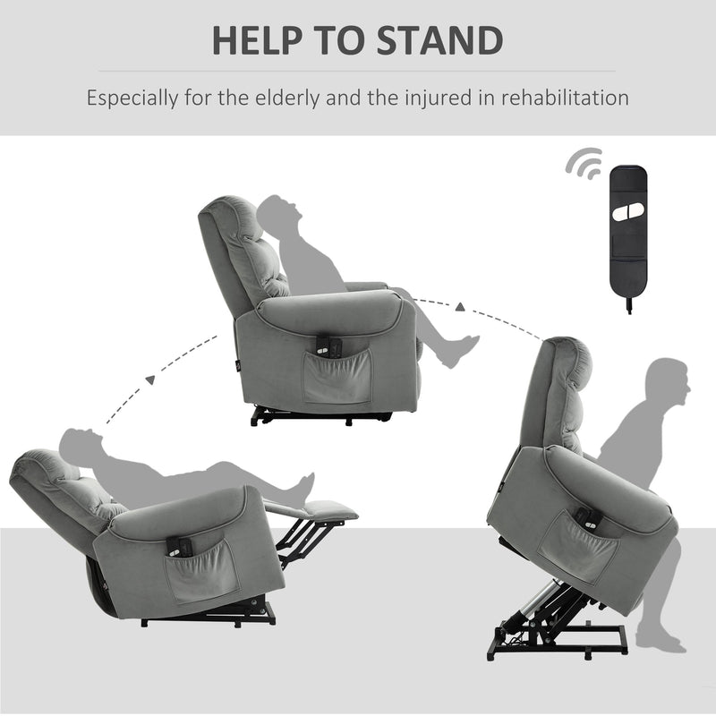 Electric Power Lift Recliner Vibration Massage Velvet-Touch Upholstered Lounge Chair Sofa with Remote Control & Side Pocket for Home Theater, Grey Velvet