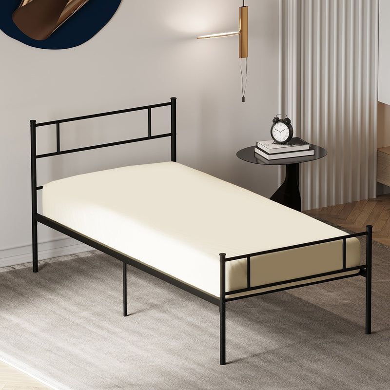 Single Metal Bed Frame Solid Bedstead Base with Headboard and Footboard, Metal Slat Support and Underbed Storage Space, Bedroom Furniture w/ Space