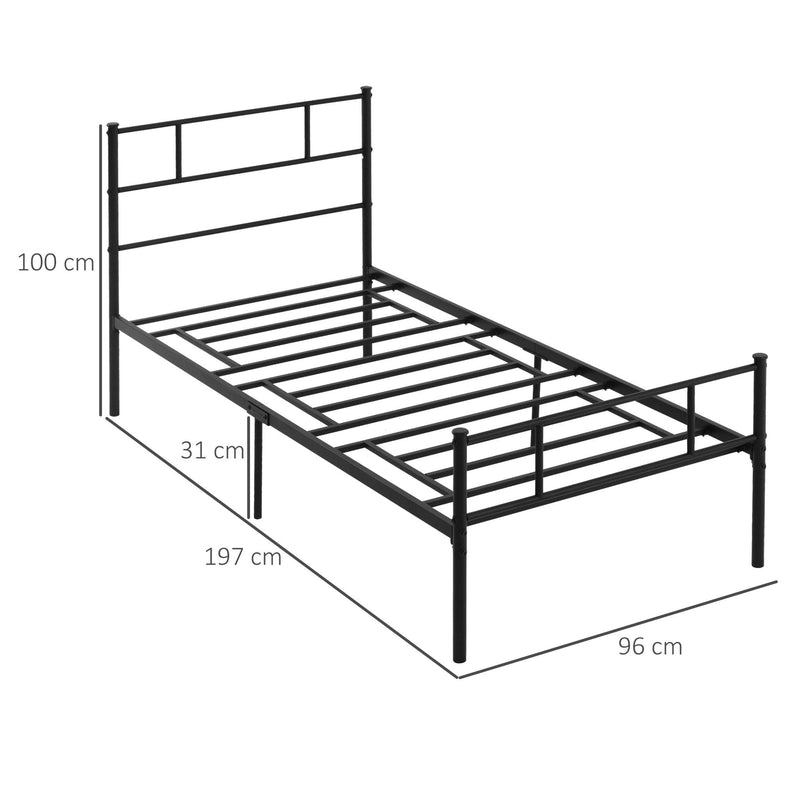 Single Metal Bed Frame Solid Bedstead Base with Headboard and Footboard, Metal Slat Support and Underbed Storage Space, Bedroom Furniture w/ Space
