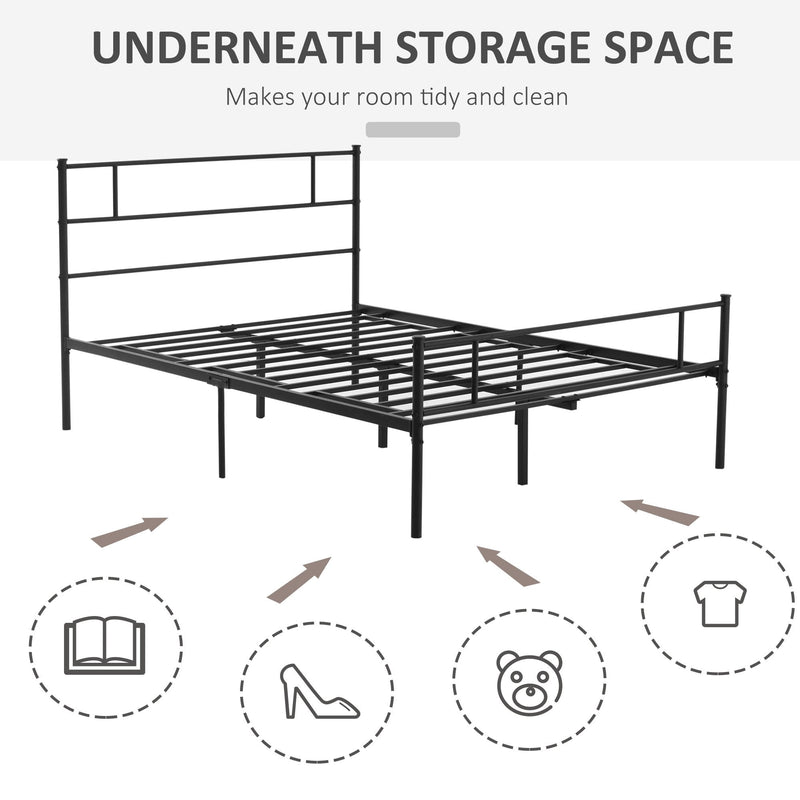 Double Metal Bed Frame Solid Bedstead Base with Headboard and Footboard, Metal Slat Support and Underbed Storage Space, Bedroom Furniture &