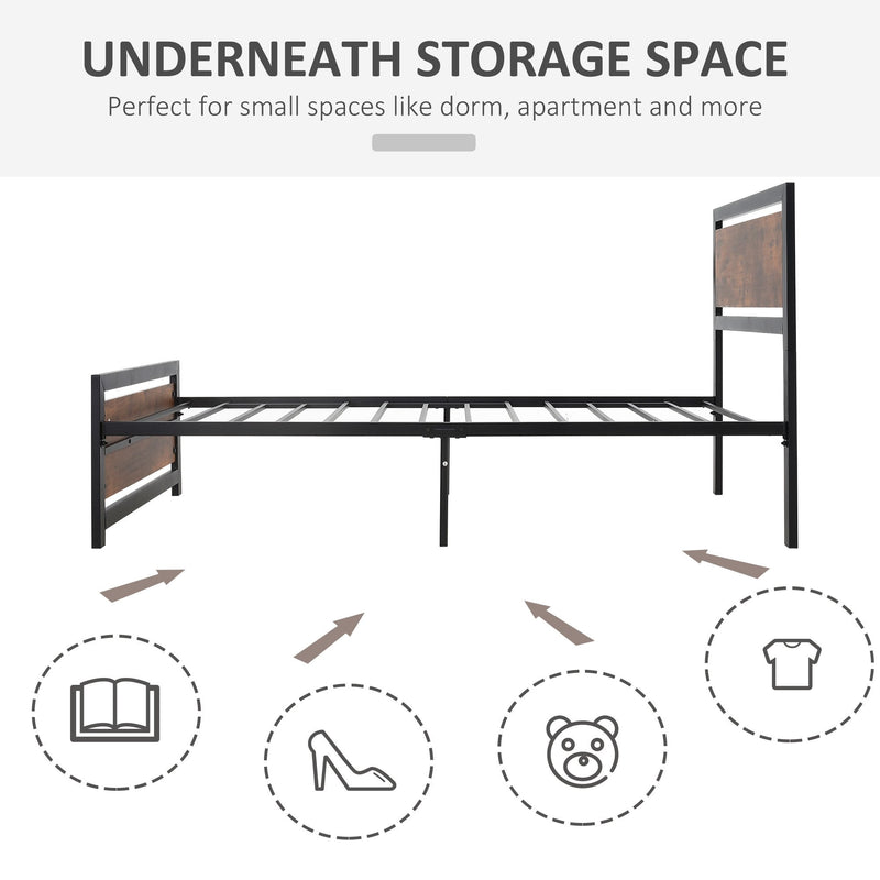 Single Metal Bed Frame with Headboard & Footboard, Strong Slat Support Solid Bedstead Base w/ Underbed Storage Space, No Box Spring Needed,