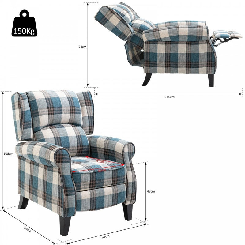 Check Armchair Plush Single Sofa Recliner for Living Room Blue