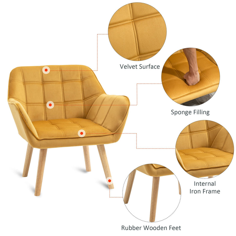 Armchair Accent Chair Wide Arms Slanted Back Padding Iron Frame Wooden Legs - Yellow
