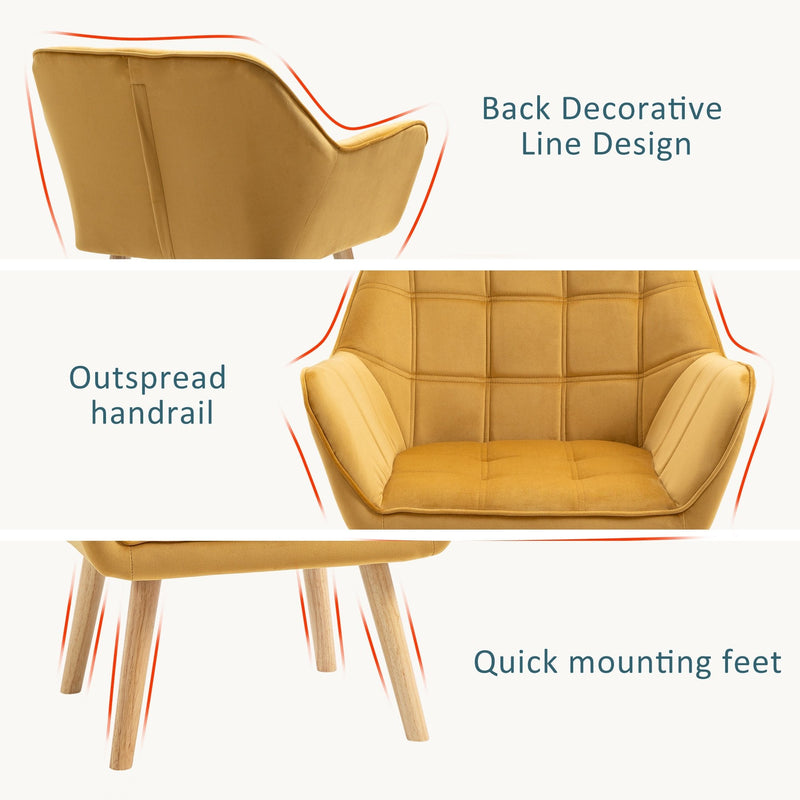 Armchair Accent Chair Wide Arms Slanted Back Padding Iron Frame Wooden Legs - Yellow