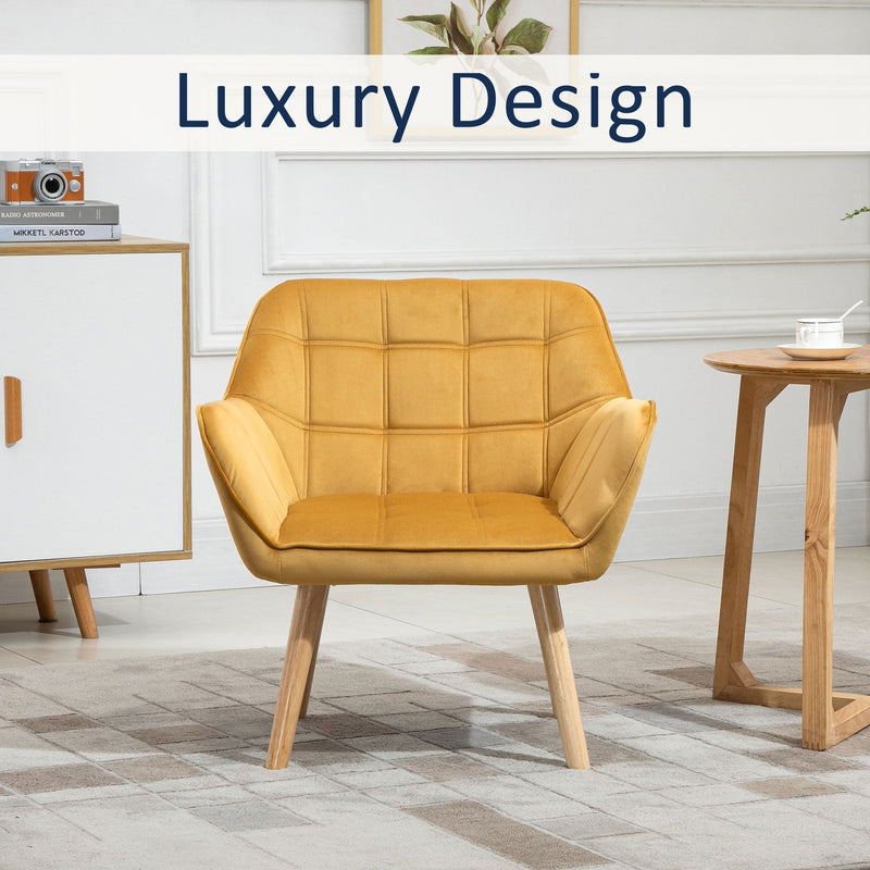 Armchair Accent Chair Wide Arms Slanted Back Padding Iron Frame Wooden Legs - Yellow