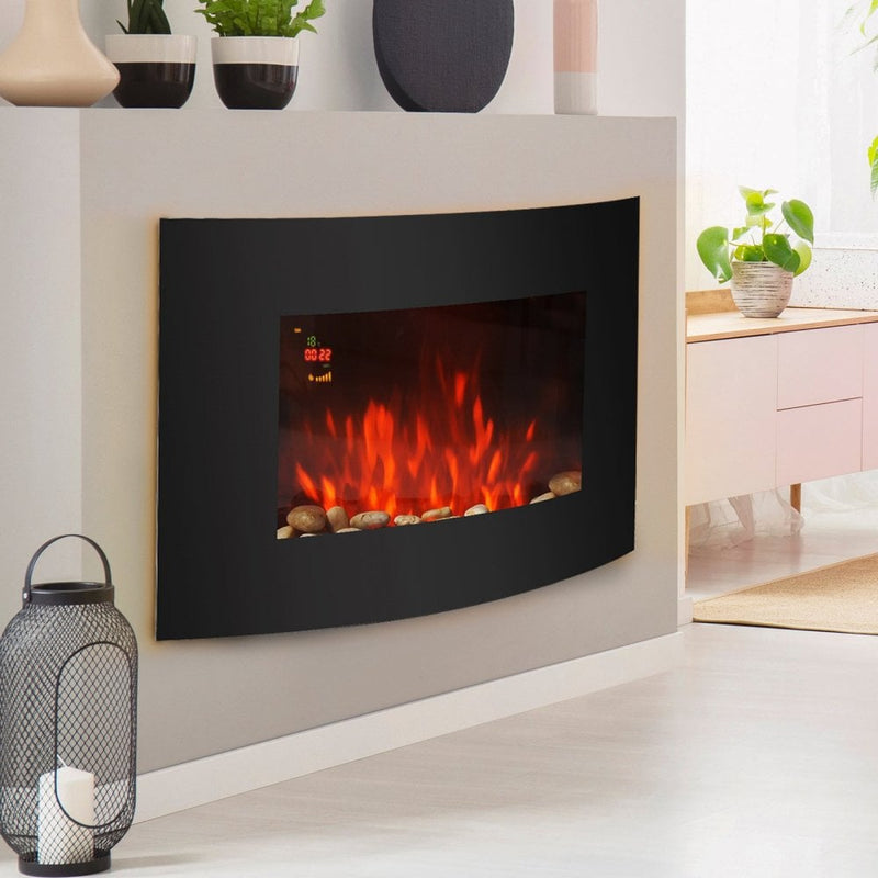HOMCOM LED Curved Glass Electric Wall Mounted Fire Place 7 Colour Side Lights Slimline Plasma Fan Heater Backlit Back