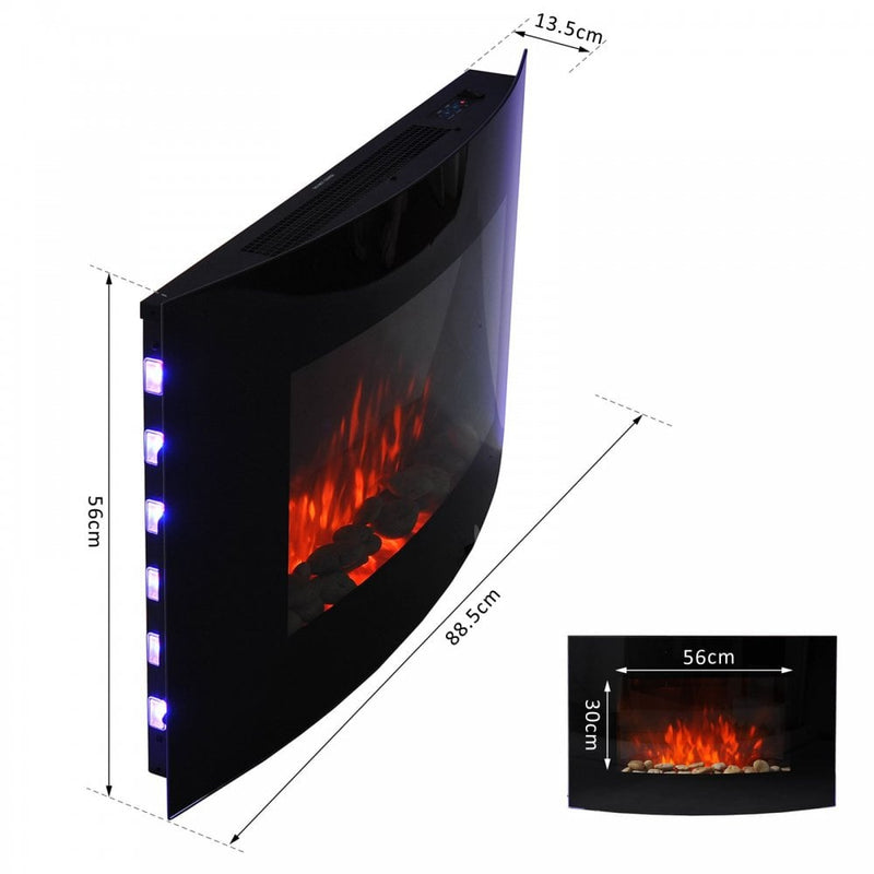 HOMCOM LED Curved Glass Electric Wall Mounted Fire Place 7 Colour Side Lights Slimline Plasma Fan Heater Backlit Back