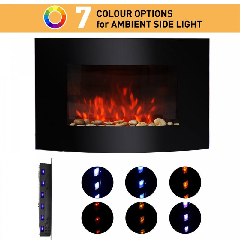 HOMCOM LED Curved Glass Electric Wall Mounted Fire Place 7 Colour Side Lights Slimline Plasma Fan Heater Backlit Back