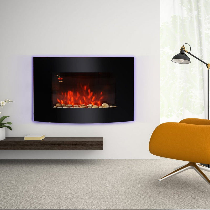 HOMCOM LED Curved Glass Electric Wall Mounted Fire Place 7 Colour Side Lights Slimline Plasma Fan Heater Backlit Back