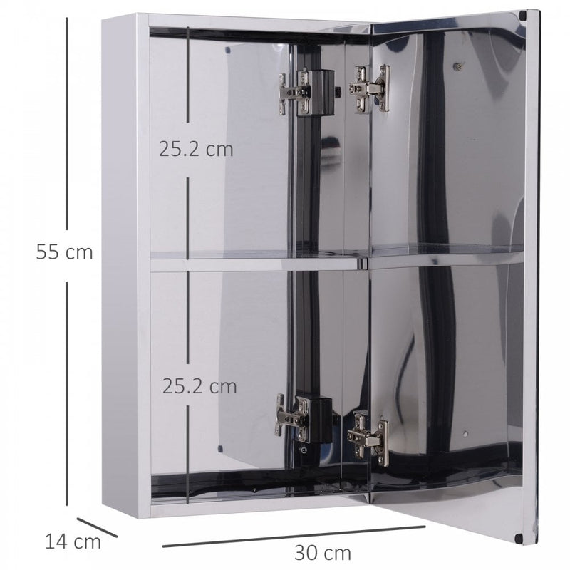 HOMCOM Stainless Steel Mirror Storage Cabinet Wall-mounted Bathroom Wall Mounted Glass Cupboard 4 Pattern-Silver