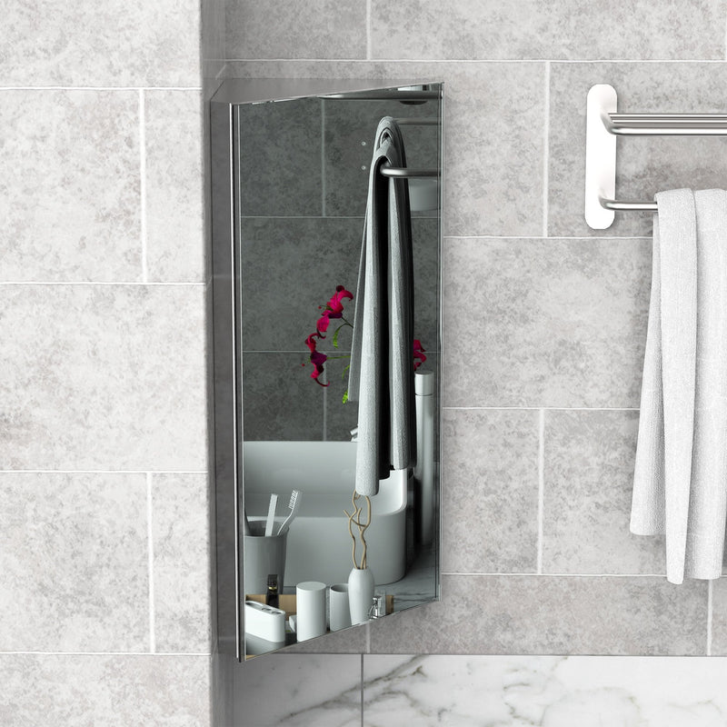 HOMCOM Stainless Steel Bathroom Corner Mirror Cabinet 1 Door Wall mounted Storage Cabinet