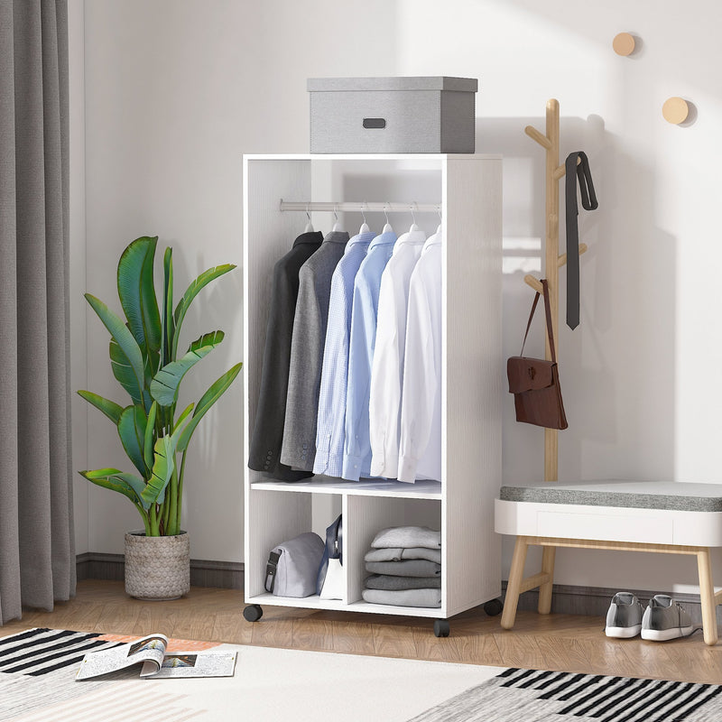 Open Wardrobe with Hanging Rod and Storage Shelves Mobile Garment Rack on Wheels Bedroom, Cloakroom, White Clothing Organizer
