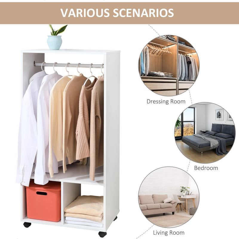 Open Wardrobe with Hanging Rod and Storage Shelves Mobile Garment Rack on Wheels Bedroom, Cloakroom, White Clothing Organizer