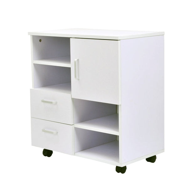 Mobile Storage Cabinet Sideboard Cupboard with Drawers 4 Shelves Lockable Wheels White
