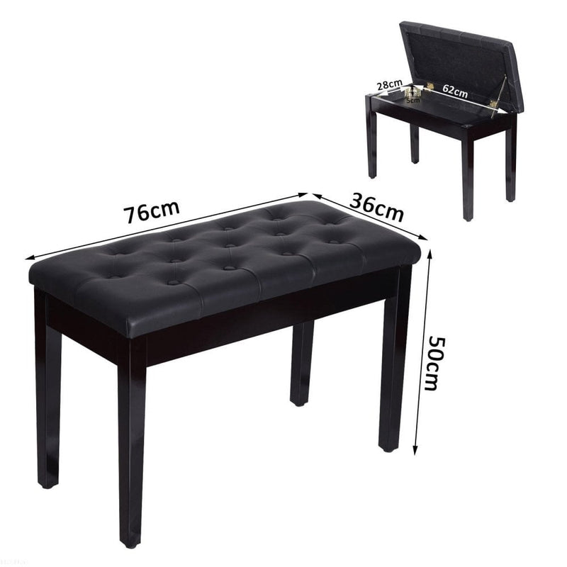 Faux Leather Piano Stool Bench Keyboard Bench with Storage Wooden PU Sponge Seat - Black