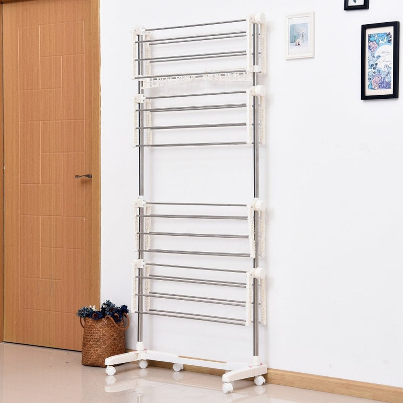 4 Layers Folding Cloth Hanger Stand Rail Adjustable Garment Rack W/Wheels-White/Silver