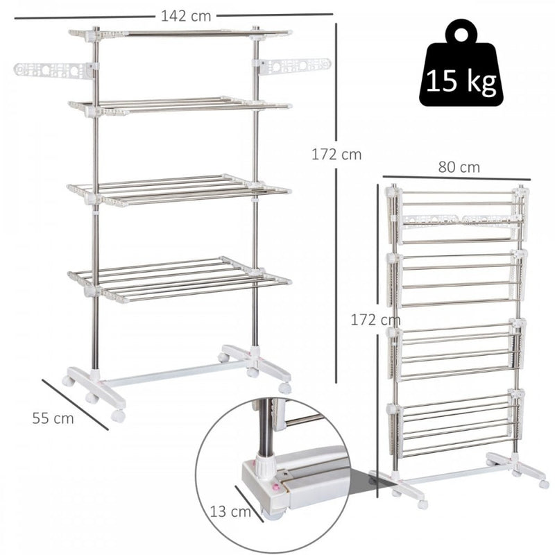 4 Layers Folding Cloth Hanger Stand Rail Adjustable Garment Rack W/Wheels-White/Silver