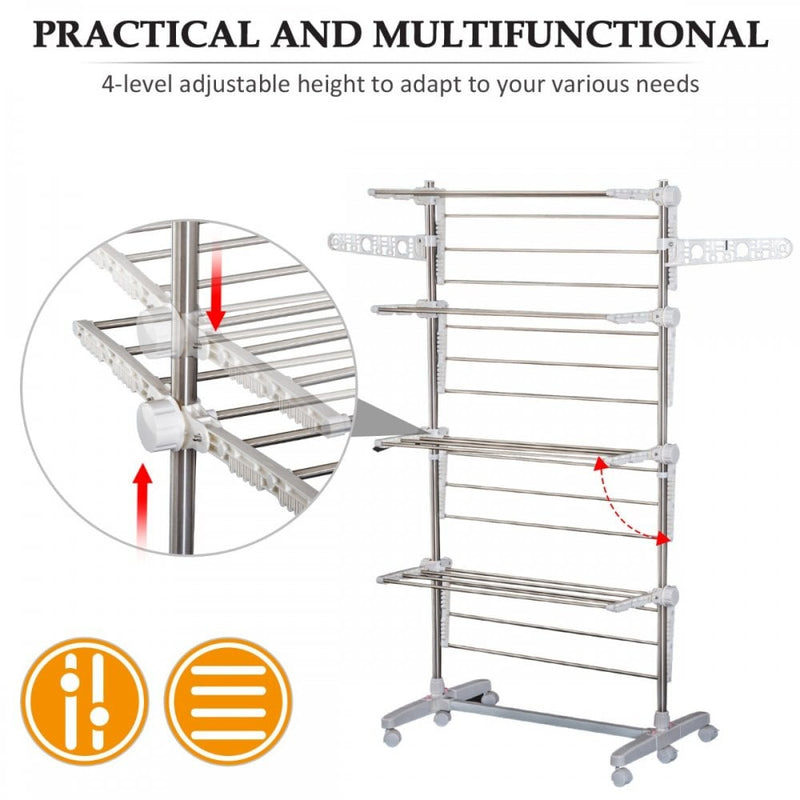 4 Layers Folding Cloth Hanger Stand Rail Adjustable Garment Rack W/Wheels-White/Silver