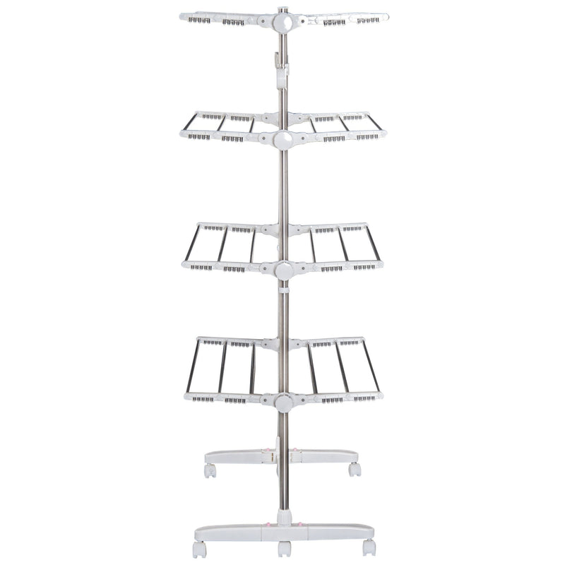 4 Layers Folding Cloth Hanger Stand Rail Adjustable Garment Rack W/Wheels-White/Silver