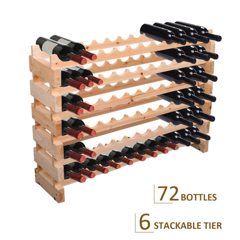 Wooden 72 Bottle 6 Tier Shelf Storage Holder Standing Holds Fir Wood Cellar Wine Rack