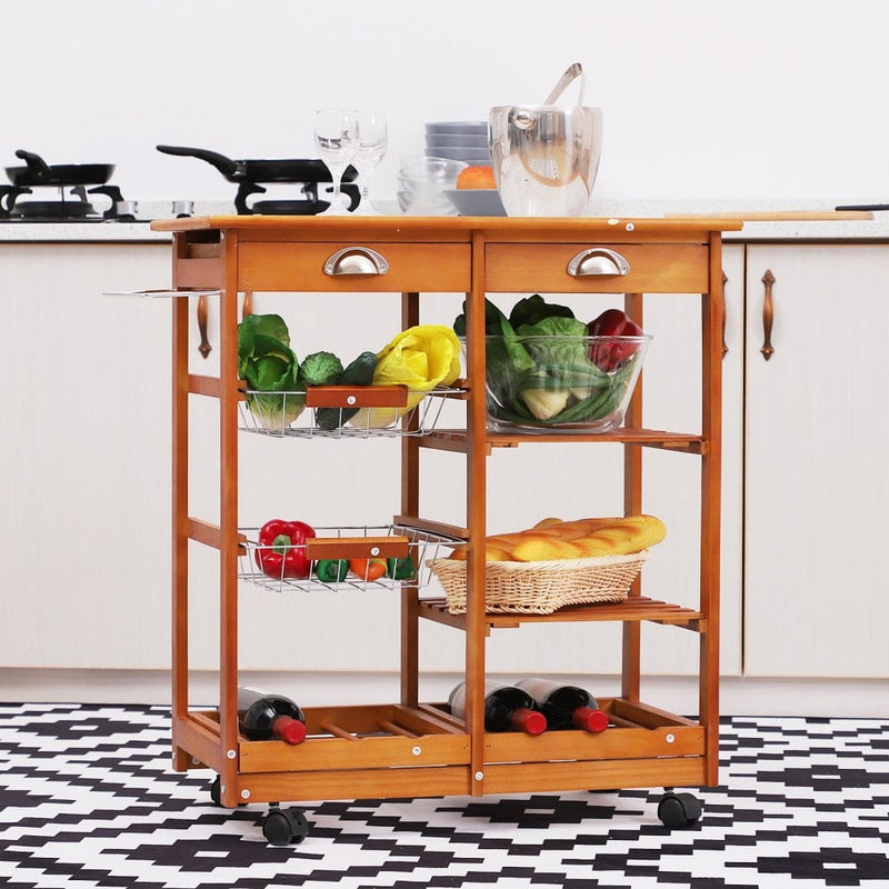 HOMCOM Wooden Kitchen Trolley Cart Portable Rolling Tile Top W/6-Bottle Wine Rack Island Butcher Fruit Storage Drawer