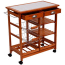HOMCOM Wooden Kitchen Trolley Cart Portable Rolling Tile Top W/6-Bottle Wine Rack Island Butcher Fruit Storage Drawer