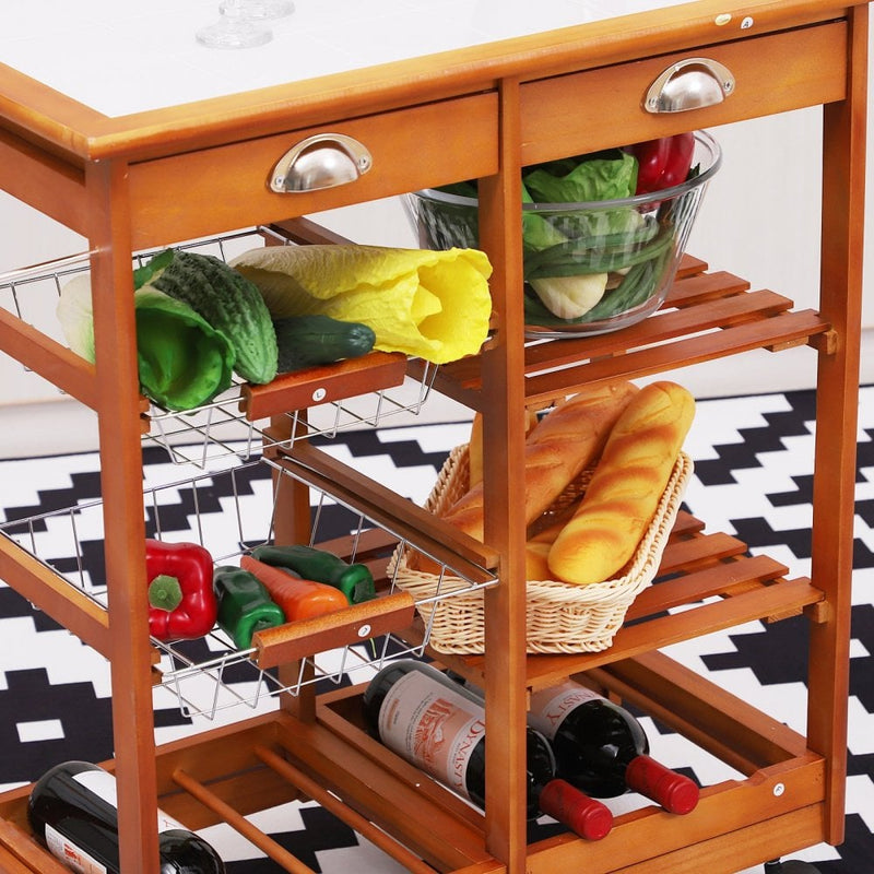 HOMCOM Wooden Kitchen Trolley Cart Portable Rolling Tile Top W/6-Bottle Wine Rack Island Butcher Fruit Storage Drawer