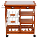 HOMCOM Wooden Kitchen Trolley Cart Portable Rolling Tile Top W/6-Bottle Wine Rack Island Butcher Fruit Storage Drawer