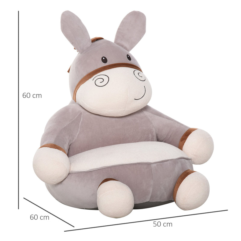 Animal Kids Sofa Chair Cartoon Cute Donkey Multi-functional with Armrest Flannel PP Cotton 60 x 55 x 60cm Grey for 18-36 months