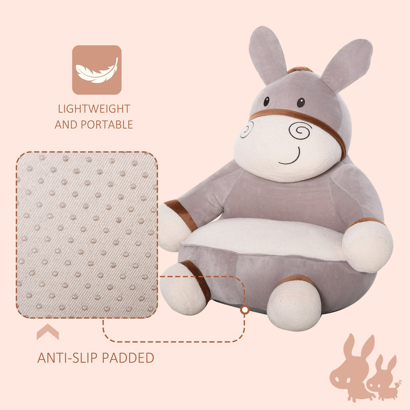 Animal Kids Sofa Chair Cartoon Cute Donkey Multi-functional with Armrest Flannel PP Cotton 60 x 55 x 60cm Grey for 18-36 months