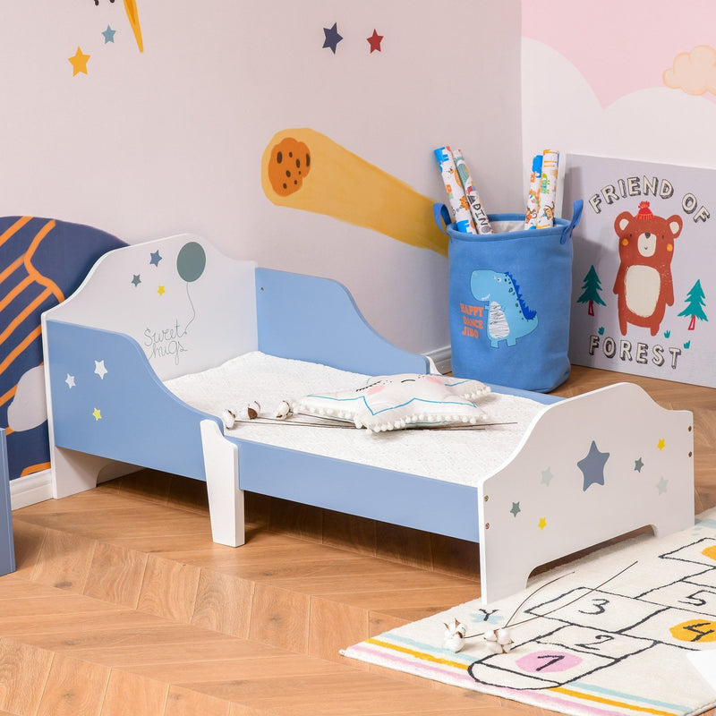 Kids Toddler Wooden Bed Round Edged with Guardrails Stars Image 143 x 74 x 59 cm Blue 59cm