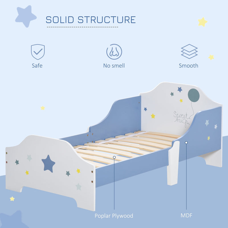 Kids Toddler Wooden Bed Round Edged with Guardrails Stars Image 143 x 74 x 59 cm Blue 59cm