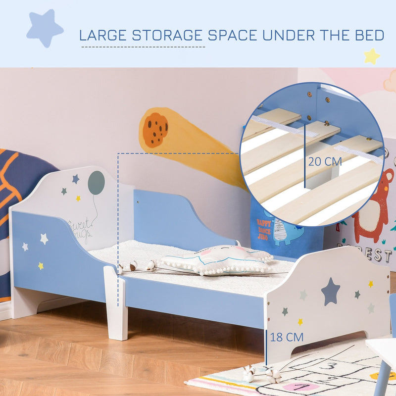 Kids Toddler Wooden Bed Round Edged with Guardrails Stars Image 143 x 74 x 59 cm Blue 59cm