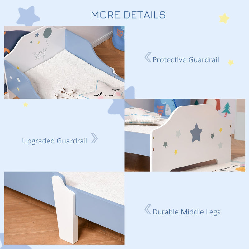 Kids Toddler Wooden Bed Round Edged with Guardrails Stars Image 143 x 74 x 59 cm Blue 59cm