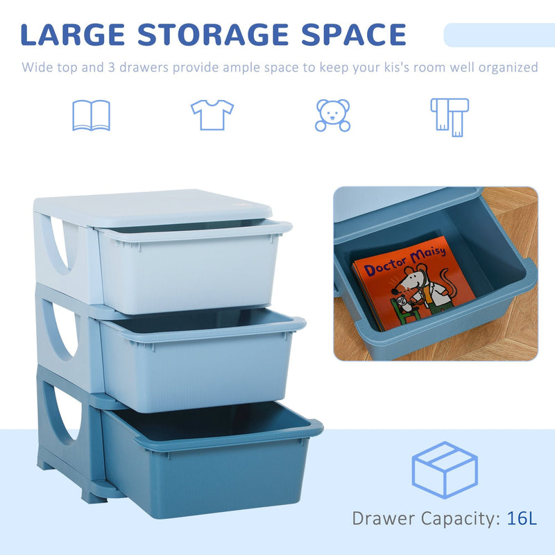 Kids Storage Units with Drawers 3 Tier Chest Vertical Dresser Tower Toy Organizer for  Nursery Playroom Kindergarten Blue w/