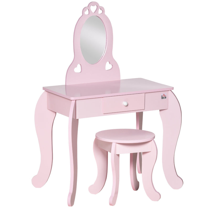 HOMCOM Kids Vanity Table Stool with Mirror Pink