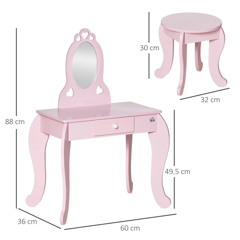 HOMCOM Kids Vanity Table & Stool  with Mirror - Pink