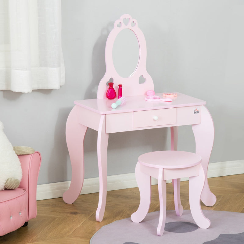 HOMCOM Kids Vanity Table & Stool  with Mirror - Pink