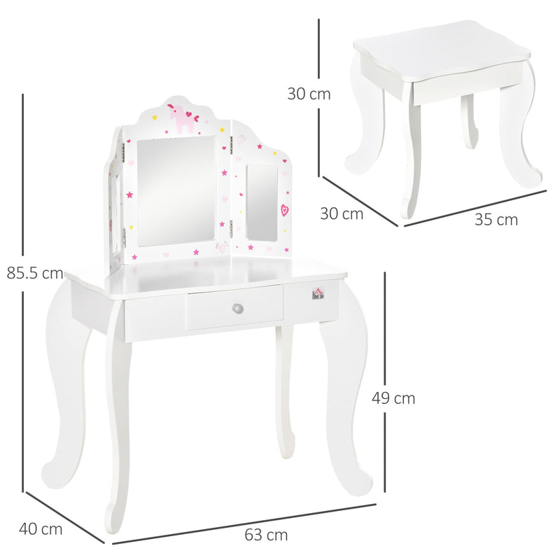 HOMCOM Kids Vanity Table & Stool - White