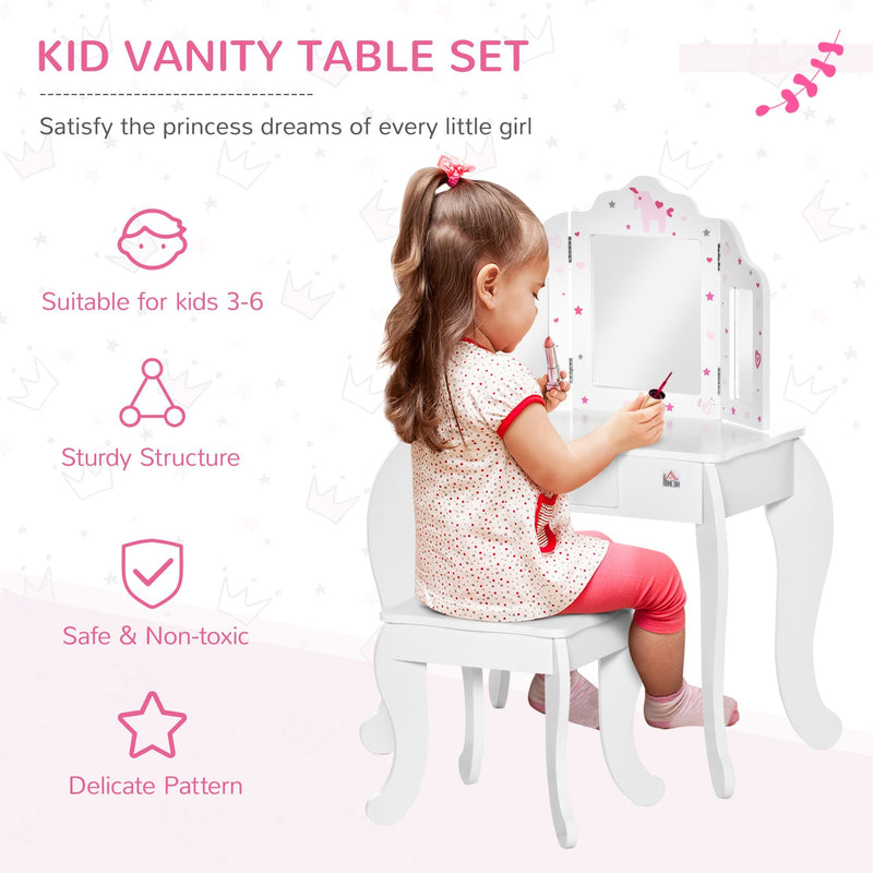 HOMCOM Kids Vanity Table & Stool - White
