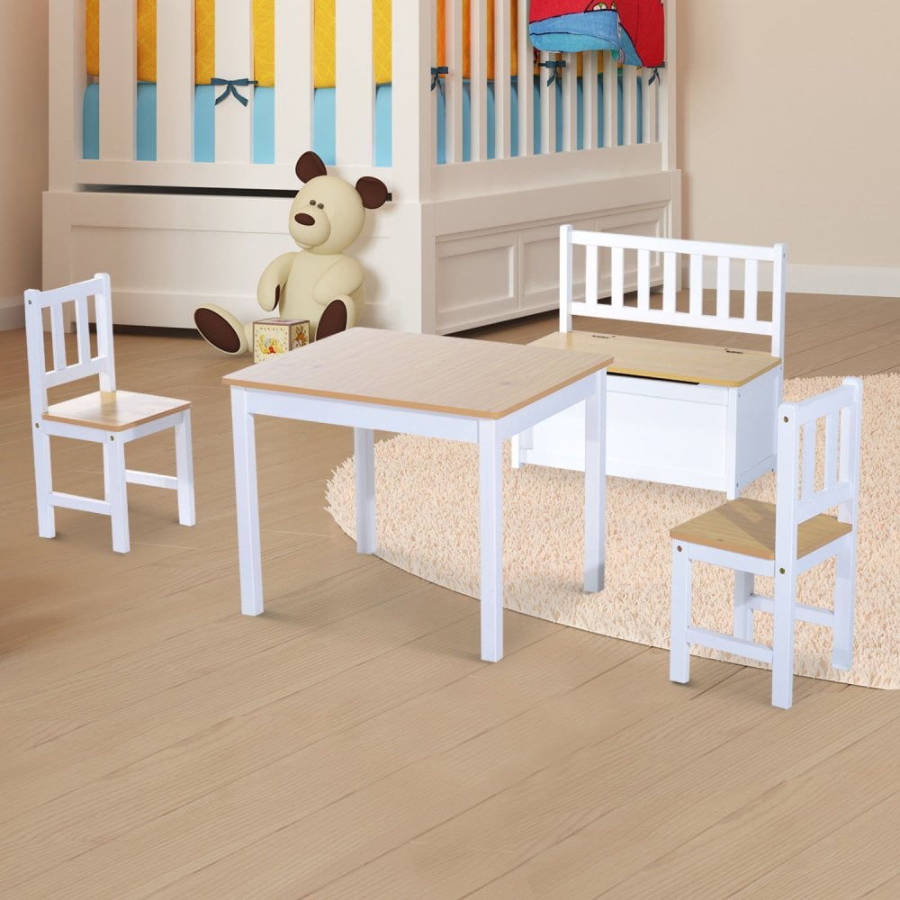 Pine Wood Kids 4Pc Wooden Furniture Set Children Table 2 Chairs Toy Storage Bench Seat oak White