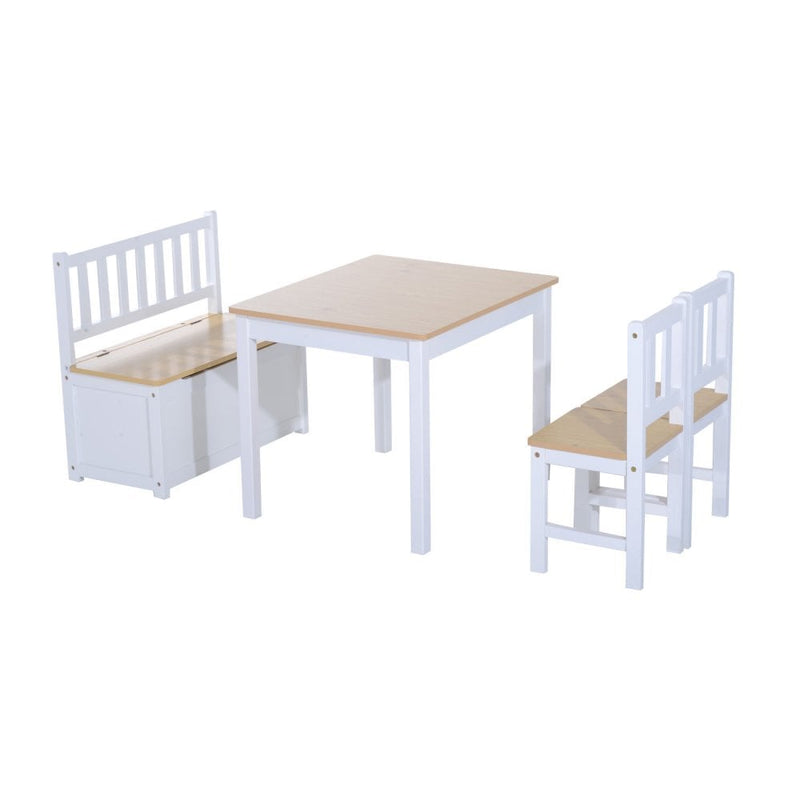 Pine Wood Kids 4Pc Wooden Furniture Set Children Table 2 Chairs Toy Storage Bench Seat-oak/White
