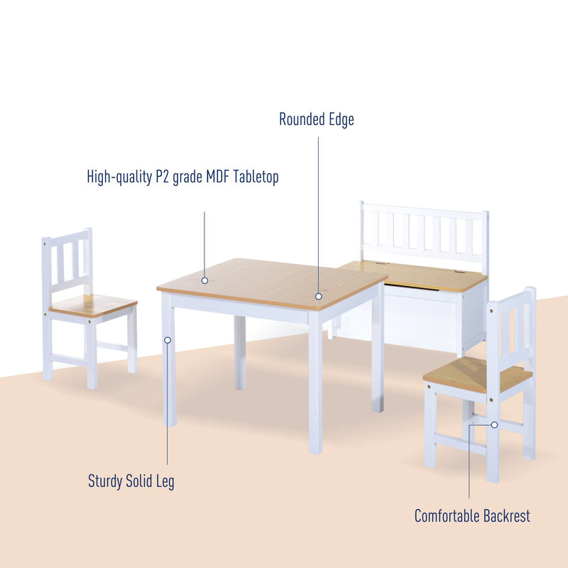 Pine Wood Kids 4Pc Wooden Furniture Set Children Table 2 Chairs Toy Storage Bench Seat-oak/White