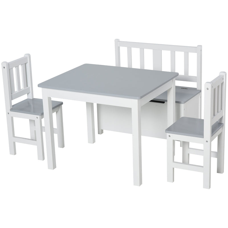 4-Piece Kids Table Set with 2 Wooden Chairs, 1 Storage Bench, and Interesting Modern Design, Grey/White w/ Function 3 Years+